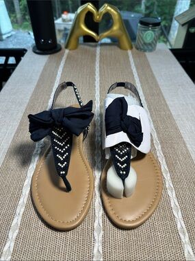 Wild Pair Navy Bow T-Strap Sandals with Pearl Accents